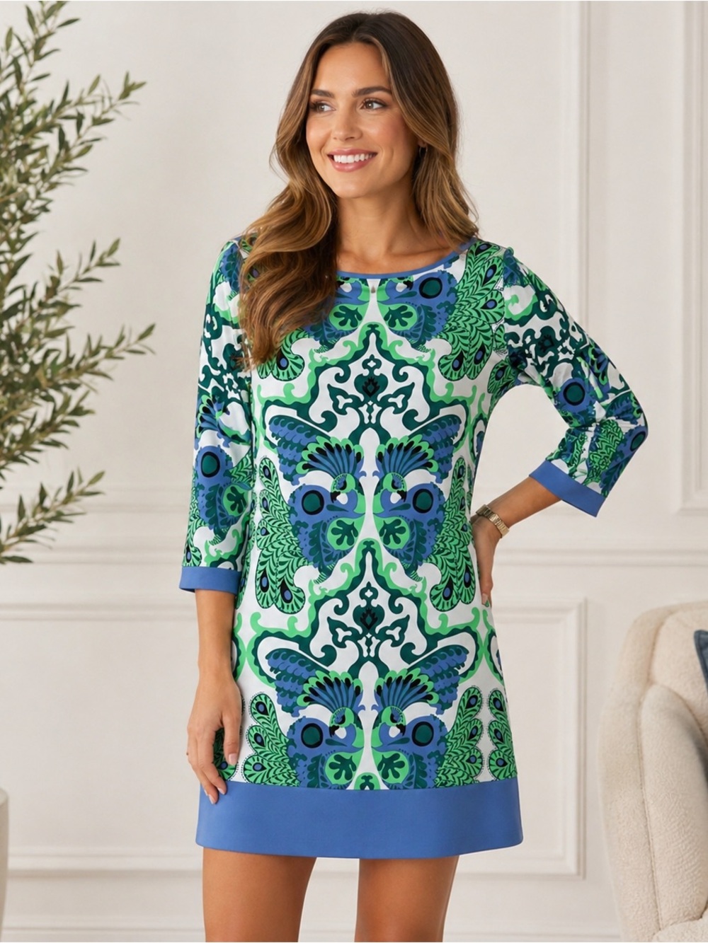 Laundry by Shelli Segal Peacock Print Tunic Dress Blue Green Womens Medium